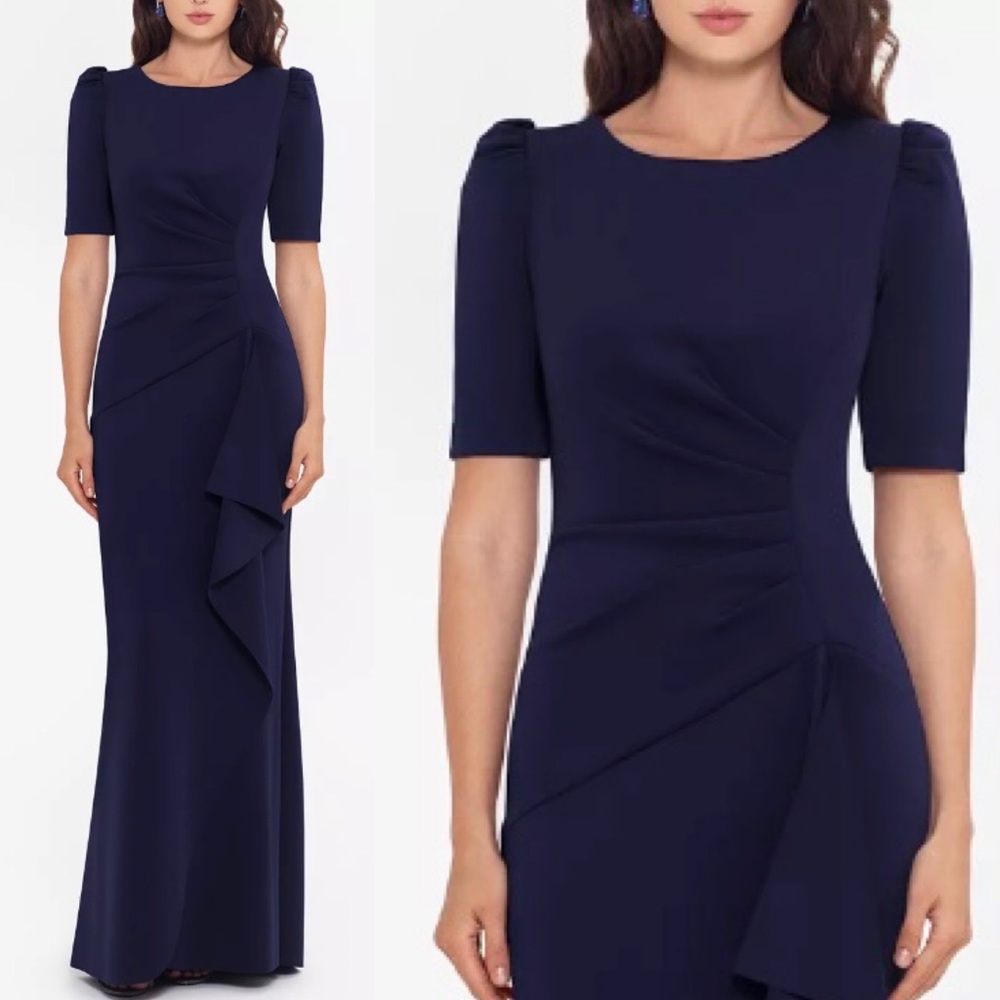 NWT XSCAPE
 Puff-Sleeve Gown Dress size 14 14P 16 or 22W Navy Blue